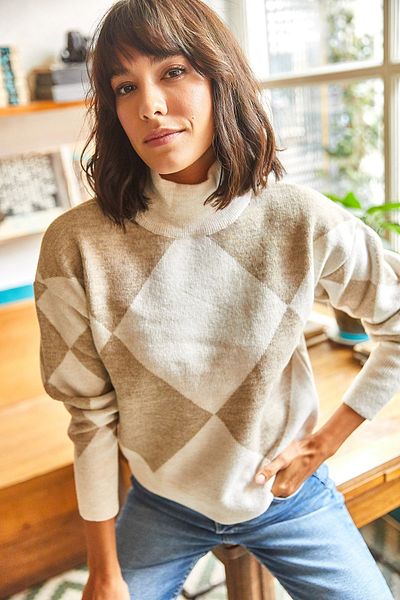 Olalook Damen Ecru Stone Half Fisherman Weicher strukturierter dicker Strickpullover KZK-19000526
