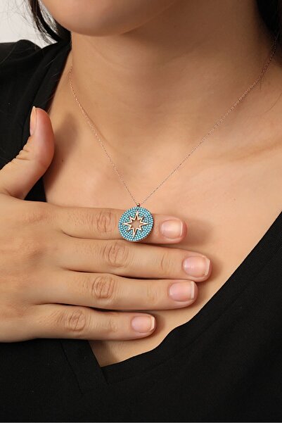 KAR DİAMOND 925 Ayar Gümüş Rose Kaplama Firuze Taşlı Yuvarlak Kutup Yıldızı K...