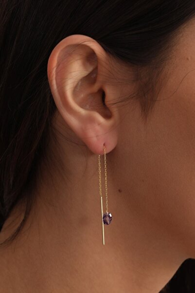 KAR DİAMOND 925 Ayar Gümüş Altın Kaplama Ametist Oval Taşlı Sallanan Küpe