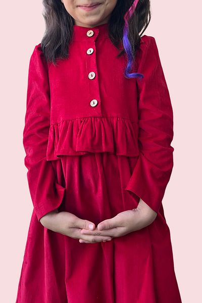 Masnu Çocuk Girl's Red Corduroy Ruffle Midi Length Buttoned Medium Thick Dress