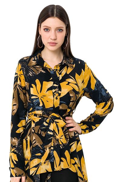 DISENTIS MODEST Scurtă față lungă spate cu curea galbenă cu modele florale cămașă tunică pe negru