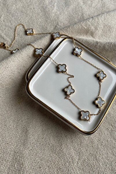 My Joyas Design Çelik Beyaz Sedefli Yonca Kolye 60cm