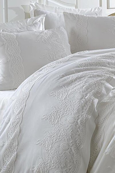 Dantela Duru Fransız Güpürlü Pamuk Saten Gelin Seti Krem