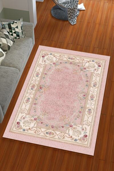 Miray Tekstil غطاء سجادة مرن بنمط إطار من الحرير المخملي باللون الوردي