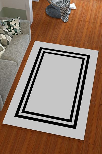 Miray Tekstil Silk Velvet Gray Color Frame Pattern Elastic Carpet Cover