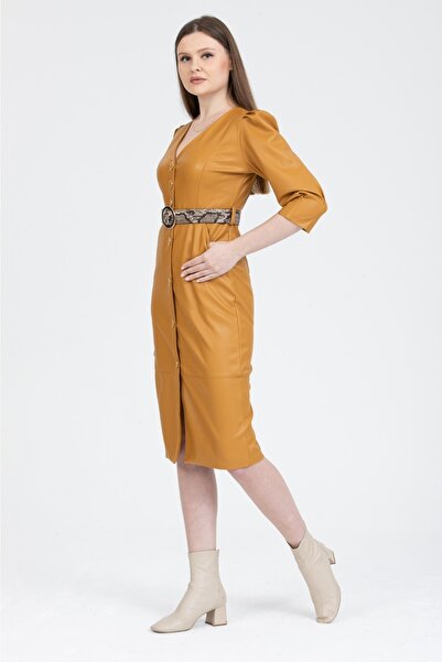 EZFER Kadın Deri Elbise Uzun Kollu V Yaka Düğme Detaylı Kemerli Deri Elbise