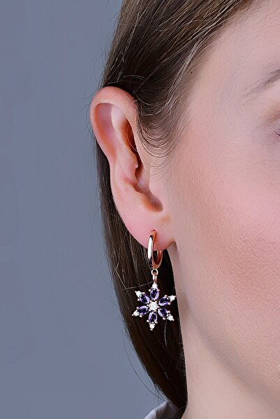 KAR DİAMOND Rose Kaplama Amatist Mor Damla Taşlı Kamelya Lotus Çiçeği Küpe