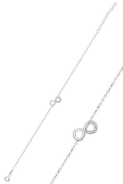 Bilsen Store 925 Ayar Gümüş Zincirli Beyaz Taşlı Sonsuzluk Model Bileklik