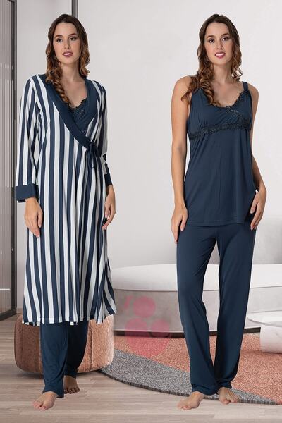 lohusahamile Set pijama de maternitate cu dungi Effortt 9034 bleumarin cu halat