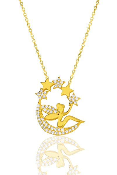 KAR DİAMOND Kadın 925 Ayar Gümüş Zincirli Altın Yaldızlı Beyaz Taşlı Yıldızlı...