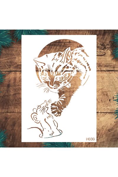 STENCİLTASARIM Stencil Design H030 Cat With Mouse Wall Wood Glass Fabric Painting Template