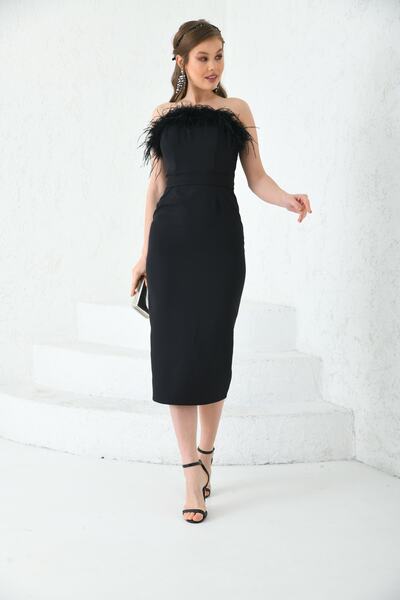 BK BOUTİQUE Tüylü Otriş Detaylı Kalem Midi Boy Abiye