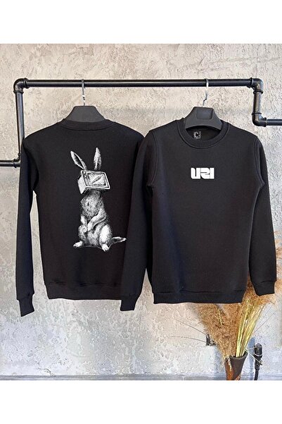 Tarzsokak Μαύρο Oversize Φούτερ Unisex με στάμπα κουνελιού μπροστά και πίσω, ...