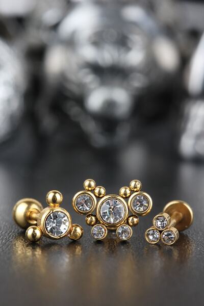 Valhalla 316l Cerrahi Çelik Kıkırdak Tragus Helix Zirkon Taş Labret 3'lü Set Piercing 6 Mm Gold