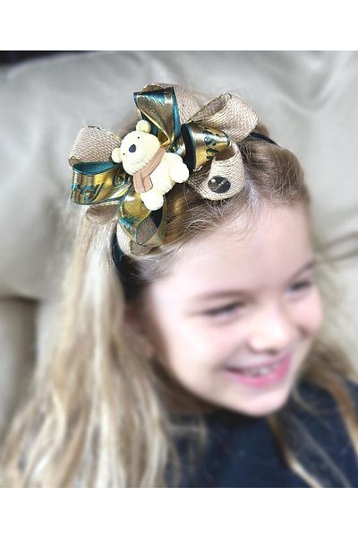 QUEEN AKSESUAR New Year's Eve Luxury Metalic Gold Teddy Bear Decorated Straw Bow Crown Women's Children's Crown