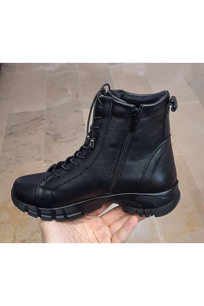 BELOX Women's Genuine Leather Orthopedic Non-Slip Waterproof Black Casual Boots with Expandable Rubber Laces in the Middle