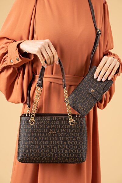 Just Polo طقم محفظة حقيبة بني نسائية