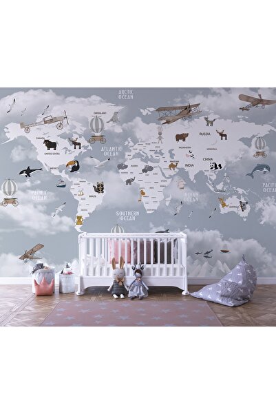 LOTUS AURA Hayvanlı Dünya Atlası Duvar Kağıdı, Uçaklı Dünya Haritası Duvar Resmi