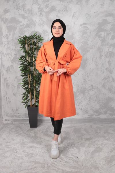 Aranlı tekstil Belted Women's Hijab Coat with Gathered Sleeves