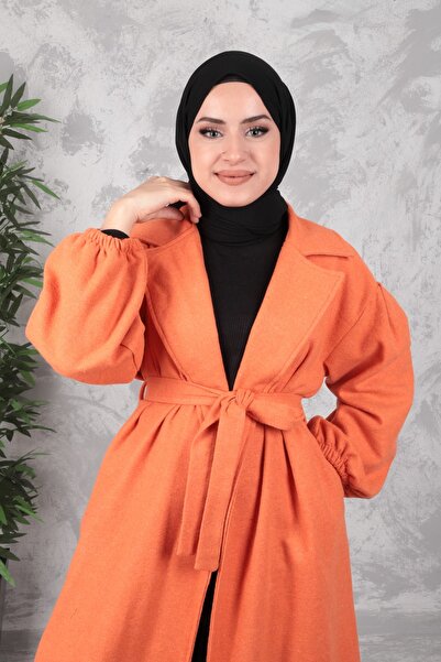 Aranlı tekstil Belted Women's Hijab Coat with Gathered Sleeves