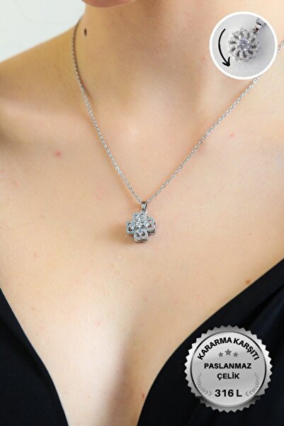 Evorya Kadın 316l Paslanmaz Çelik Silver Zirkon Taşlı Döner Uçlu Yonca Kolye