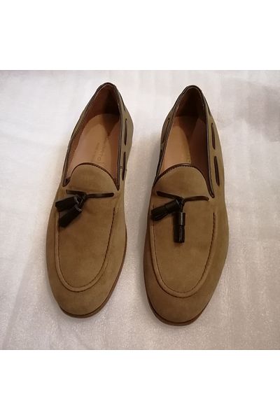 Roberto Ley Unisex Genuine Leather Suede Camel Brown Pompom Piping Genuine Leather Stitched Sole Loafer