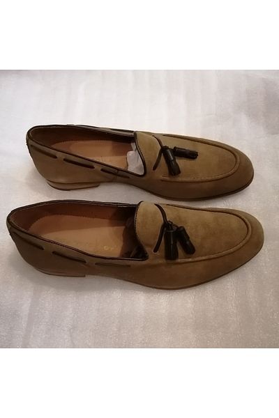 Roberto Ley Unisex Genuine Leather Suede Camel Brown Pompom Piping Genuine Leather Stitched Sole Loafer
