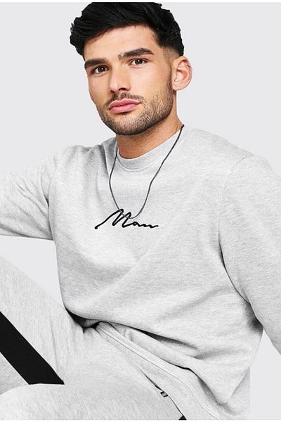 LEONE KOLEKSİYON Γκρι Oversize Man Signature Print Sweat