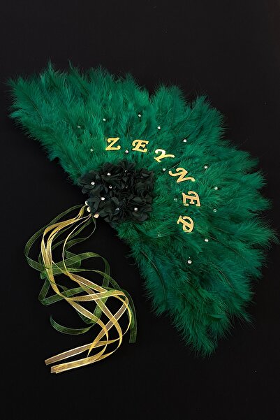 ZEYMERADE Yeşil Gelin Yelpazesi, Bekarlığa Veda Partisi, Bride To Be, Nedime, Kına Gecesi, Ahşap Tüylü Yelpaze