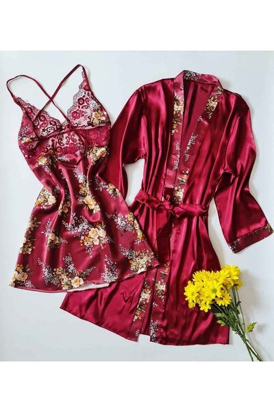 Çeyize dair herşey Combinație de cămașă de noapte îmbrăcată din satin floral maro 6237