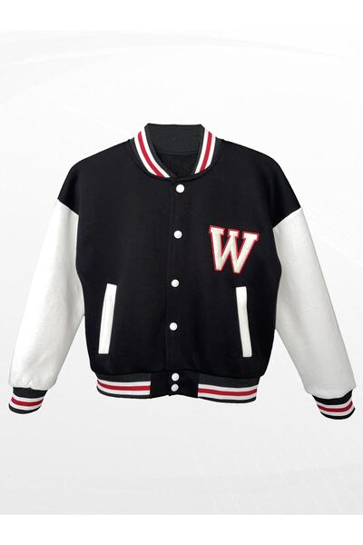 Ceis Collection Jachetă alb-negru unisex pentru colegiu cu detaliu din țesătură Terry