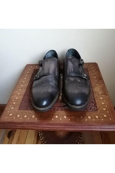 Butik Tülin Unisex Genuine Leather Anthracite Antique Double Buckle Non-Slip Rubber Sole Shoes