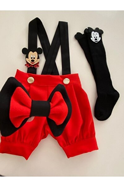 tubibebe Mickey Mouse Pileli Şort Salopet + Papyon + Çorap