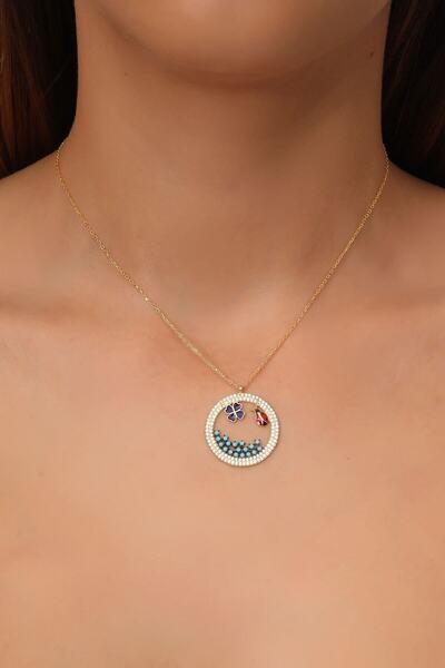 KAR DİAMOND Gümüş Altın Kaplama Firuze Beyaz Zirkon Taşlı Doğa Kolye