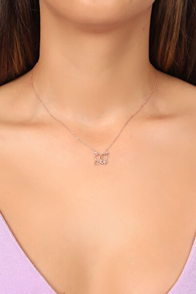 KAR DİAMOND 925 Ayar Gümüş Rose Kaplama Beyaz Zirkon Taşlı Nişan Yüzüklü Gümüş Kolye