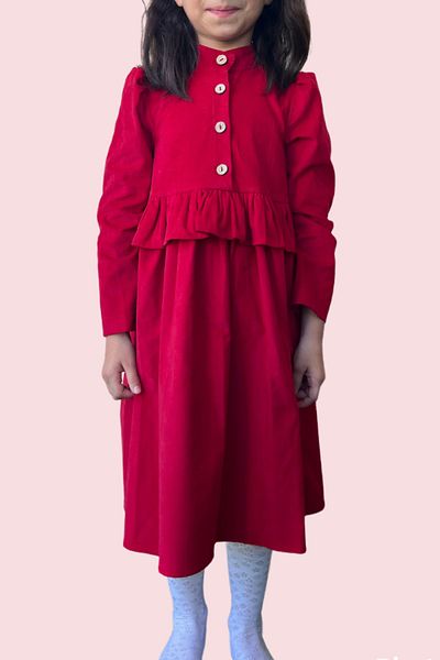 Masnu Çocuk Girl's Red Corduroy Ruffle Midi Length Buttoned Medium Thick Dress