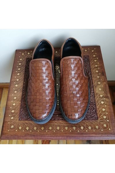 Penford Tan Hand Knitted Unisex Genuine Leather Loafer - Plain Combination, Elastic and Soft Non-Slip Rubber Sole