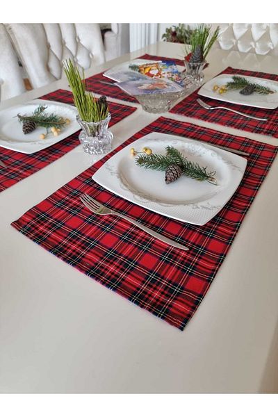 TİLLEM HOME New Year's American Service Set of 4 Red Plaid 30x45