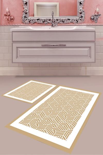 MABEBA TEKSTİL Gold Geometric Pattern Digital Printing Washable Non-Slip Base...