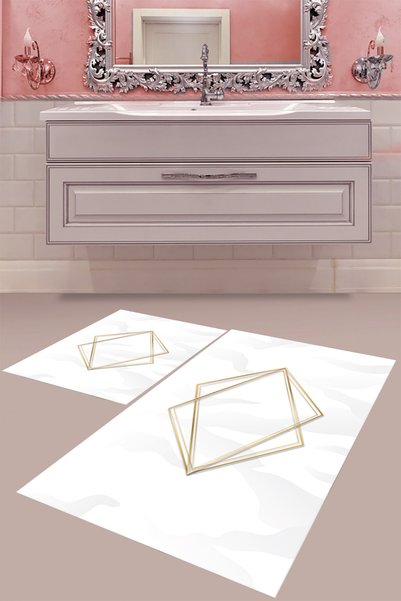 MABEBA TEKSTİL White Gold Geometric Patterned Digital Printing Washable Non-S...