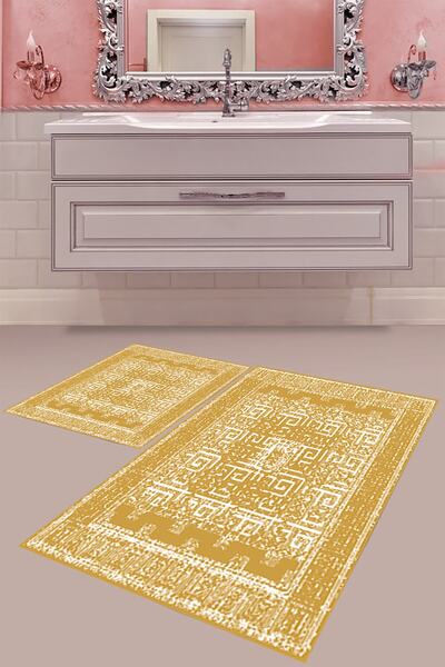 MABEBA TEKSTİL Gold Geometric Pattern Digital Printing Washable Non-Slip Base...