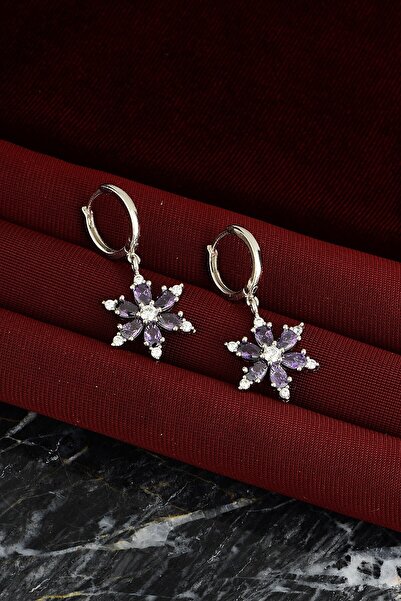 KAR DİAMOND Amatist Mor Damla Taşlı Kamelya Lotus Çiçeği Küpe