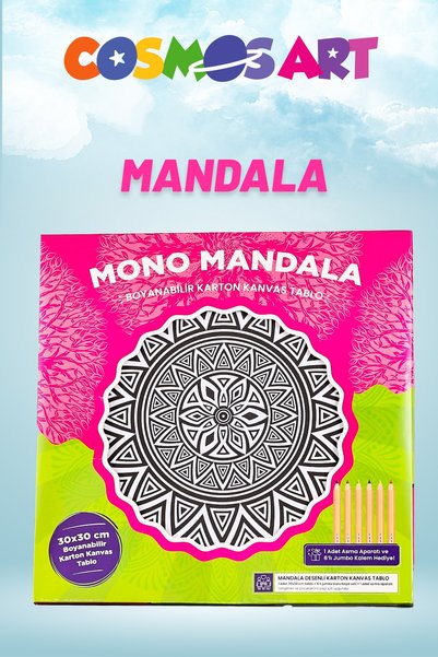 MONO MANDALA Karton Kanvas Mandala - Metal Çerçeve Görünümlü Koyu Dairesel Boyama - 6'lı Jumbo Kalem Hediyeli