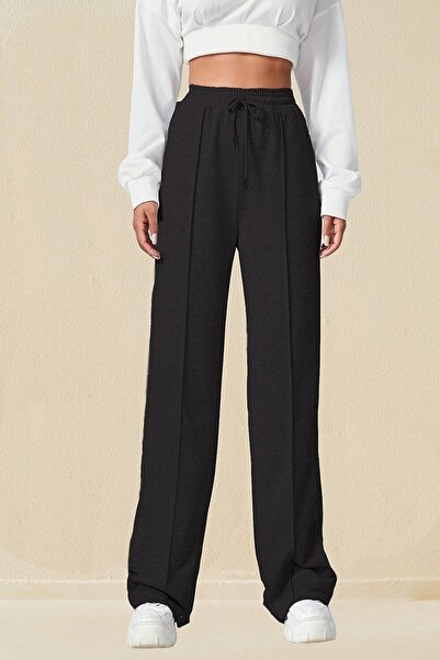 CNG MODA بنطال رياضي نسائي أسود بخصر عالٍ وخياطة أمامية واسعة الساق