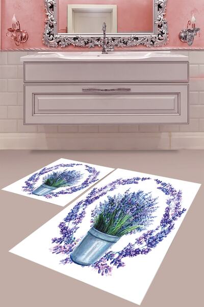 MABEBA TEKSTİL Purple Lavender Patterned Digital Printing Washable Non-Slip B...