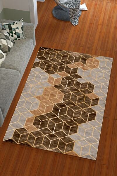 Miray Tekstil Silk Velvet Brown Color Pyramid Pattern Elastic Carpet Cover