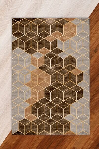 Miray Tekstil Silk Velvet Brown Color Pyramid Pattern Elastic Carpet Cover