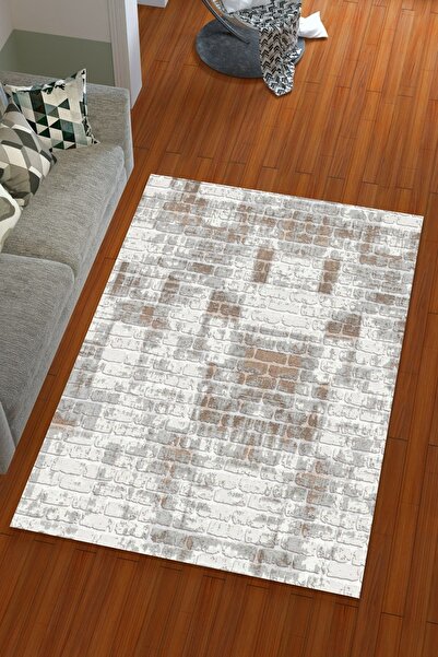 Miray Tekstil Ipek Kadife Gri Renkli Tuğla Desen Lastikli Halı Örtüsü