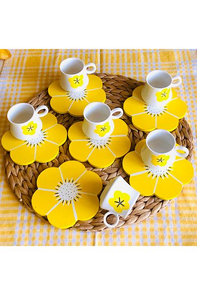 Den Tasarım Hediyelik Yellow Daisy 6-Piece Flower Design Coffee Cup Set Yellow