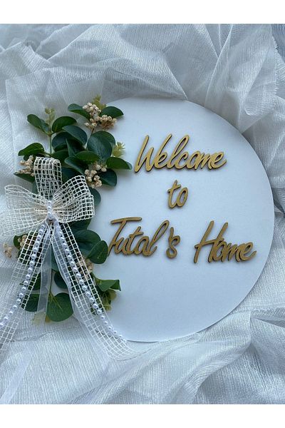 HOBİ55 Στολίδι πόρτας Welcome Ξύλινο Φύλλο Ευκάλυπτου Λευκό Δώρο 23-5